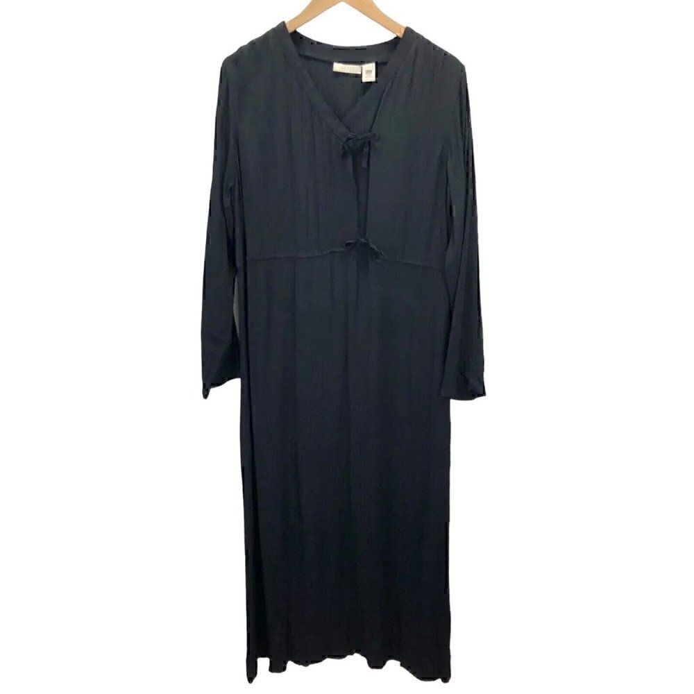 J. Jill Vintage Dress Maxi Long Sleeve Black Ribbon Tie Chest Modest Sz M